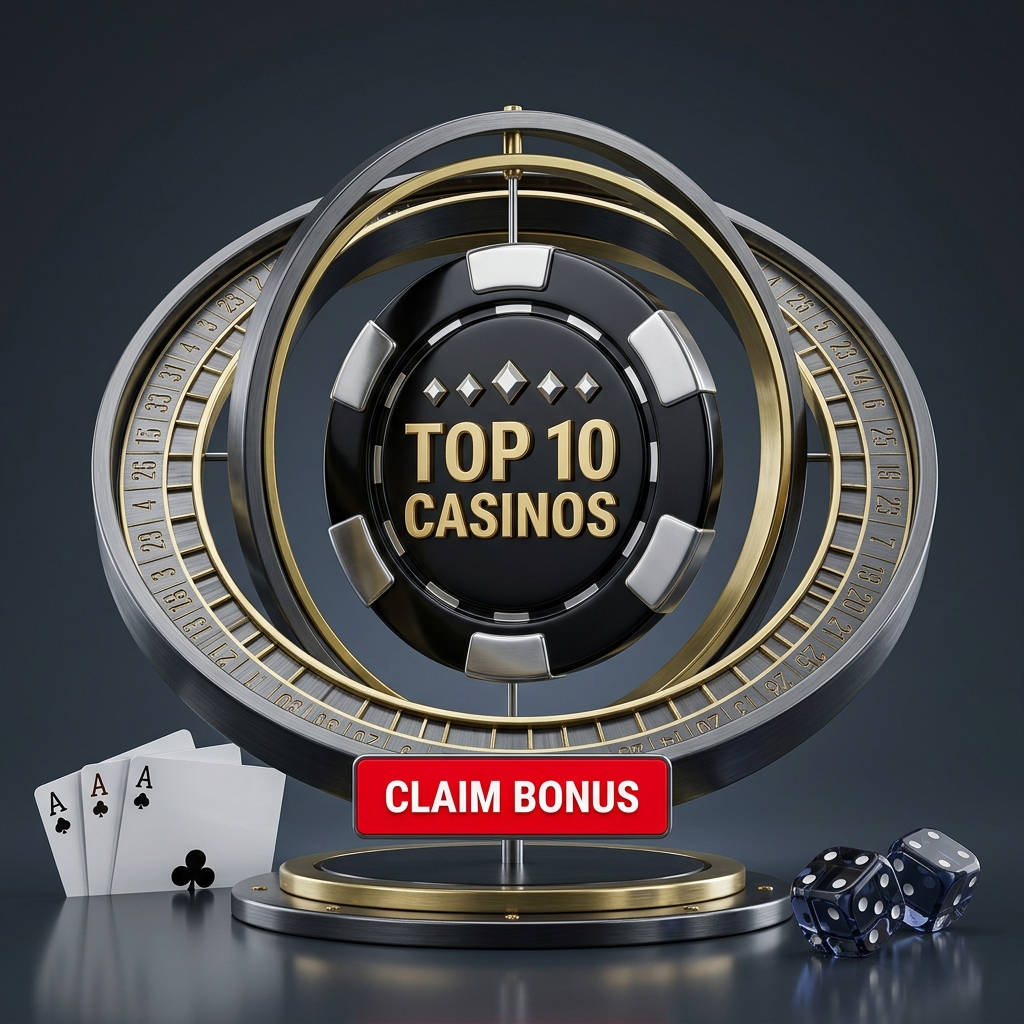 Roulette rings around a casino chip reading Top 10 Casinos, with playing cards, dice and a Claim Bonus sign